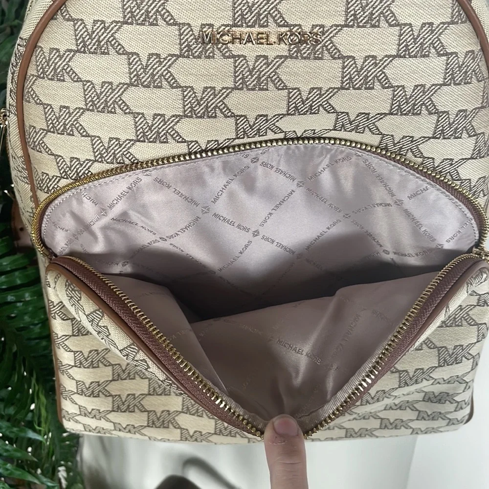 Brand New Michael Kors Logo Canvas Zippered Backpack w/ Gold Tone Accents